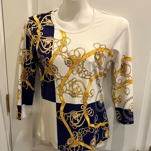 J. McLaughlin Gold and Navy Belted Chain Long Sleeve Top Size S